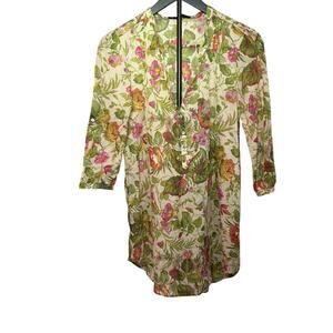 Zara basic womens green pink floral sheer blouse. 3/4 sleeve, tunic. Size S